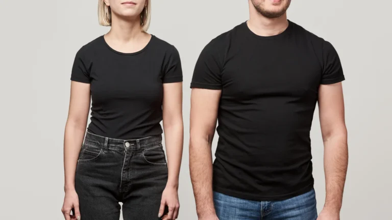 cropped view of young man and woman in black t-shirts with copy space isolated on grey after finding out how to find your t-shirt size using ai tools.