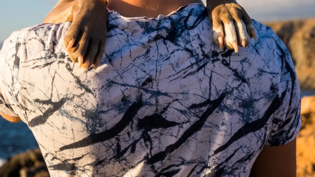 Rear view of caucasian man hugging his best friends dog with love.