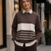 Brown & Cream Striped Woman Sweatshirt