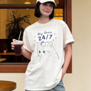 Funny Cat T-Shirt My Brain 24/7