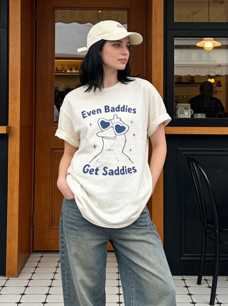 even baddies get saddies shirt, funny duck shirt, cute duck graphic tee, aesthetic graphic t-shirt, comfort colors 1717 shirt, funny animal shirt, trendy graphic tee, vintage washed t-shirt.