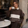 Brown & Cream Striped Woman Sweatshirt