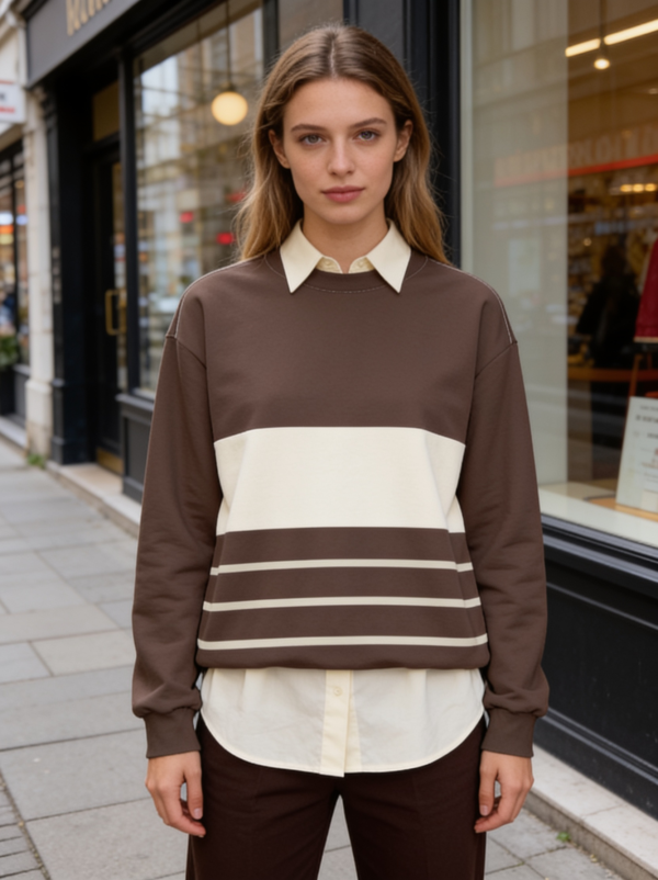 Brown & Cream Striped Woman Sweatshirt