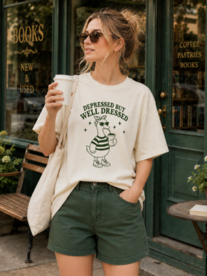 Show off your sense of humor with this Depressed But Well Dressed Goose T-Shirt featuring a stylish goose holding coffee. Perfect for coffee lovers, introverts, duck lovers, and anyone who enjoys funny vintage graphic tees. Printed on premium Gildan 5000 heavyweight cotton for lasting comfort and durability. Great gift for coffee addicts, friends, coworkers, students, and casual everyday wear.