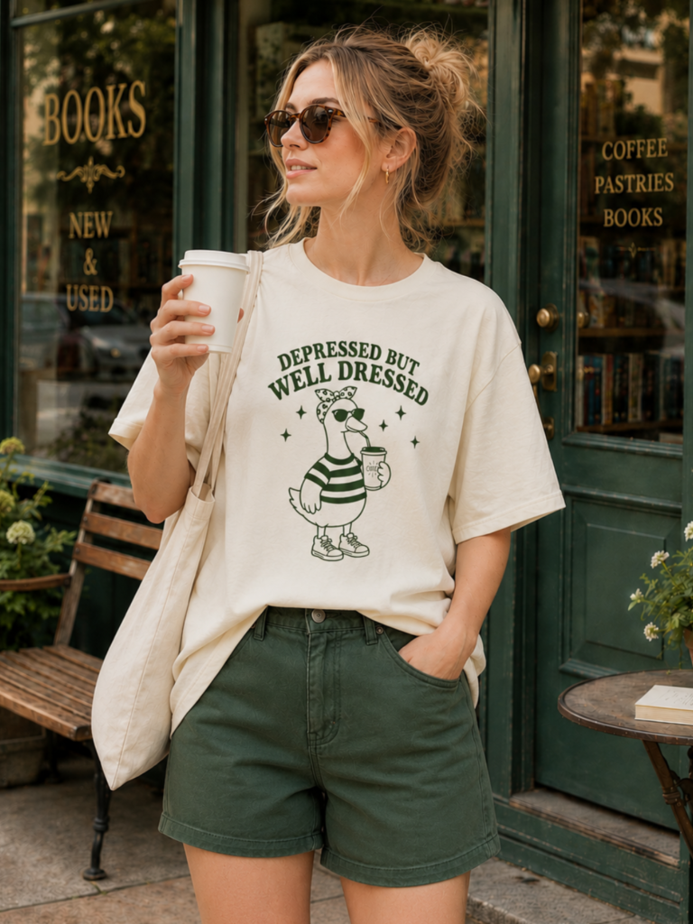 Show off your sense of humor with this Depressed But Well Dressed Goose T-Shirt featuring a stylish goose holding coffee. Perfect for coffee lovers, introverts, duck lovers, and anyone who enjoys funny vintage graphic tees. Printed on premium Gildan 5000 heavyweight cotton for lasting comfort and durability. Great gift for coffee addicts, friends, coworkers, students, and casual everyday wear.