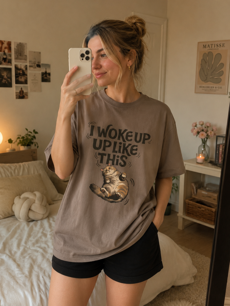 Funny I Woke Up Like This Cat Shirt featuring a cute lazy cat graphic on a Gildan 5000 unisex t-shirt for cat lovers