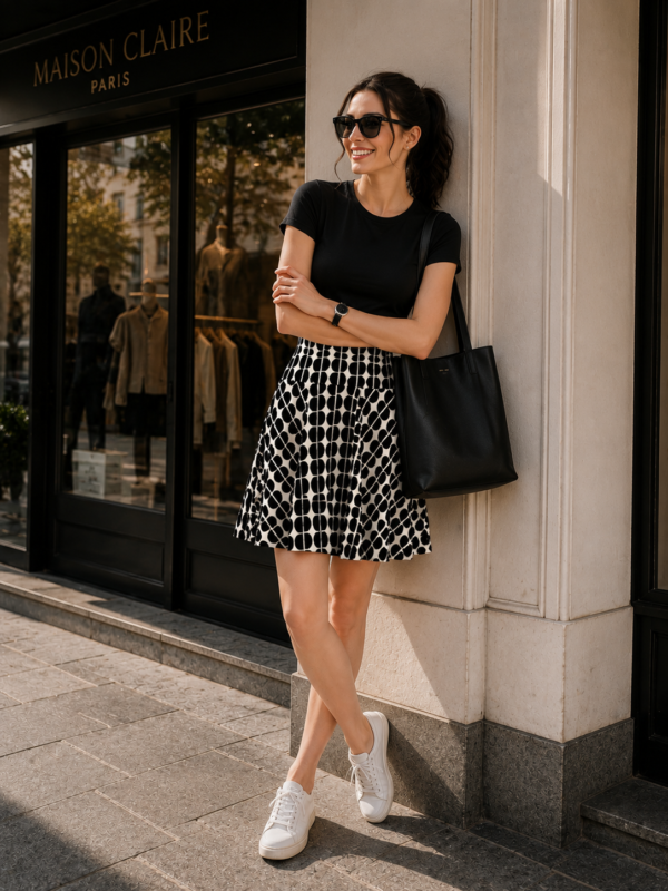 Black & White Polka Dot A-Line Skater Skirt