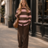 Pink Brown Striped Sweatshirt Women