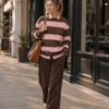 Pink Brown Striped Sweatshirt Women