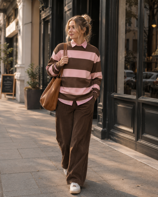 Pink Brown Striped Sweatshirt Women