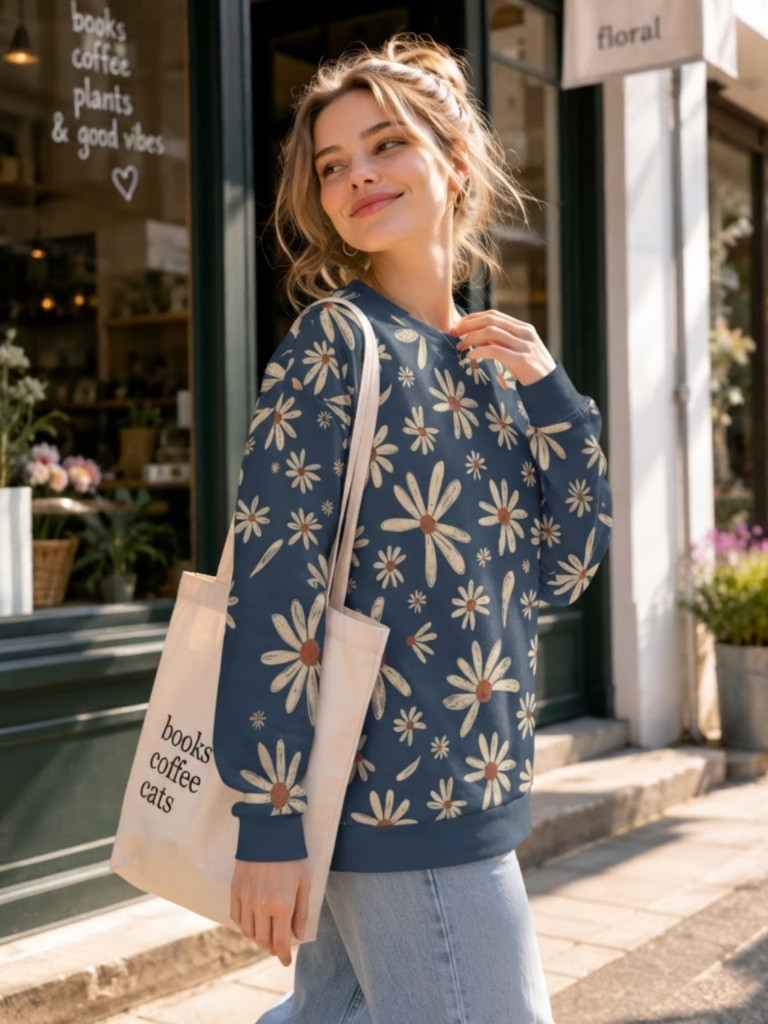 Blue Floral Sweatshirt Women