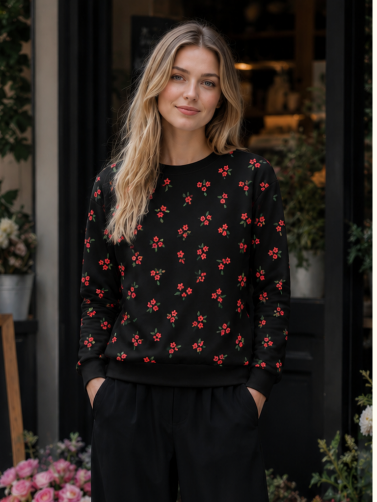 Black Floral Crewneck Sweatshirt