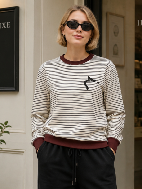 Minimalist Cat Striped Sweatshirt