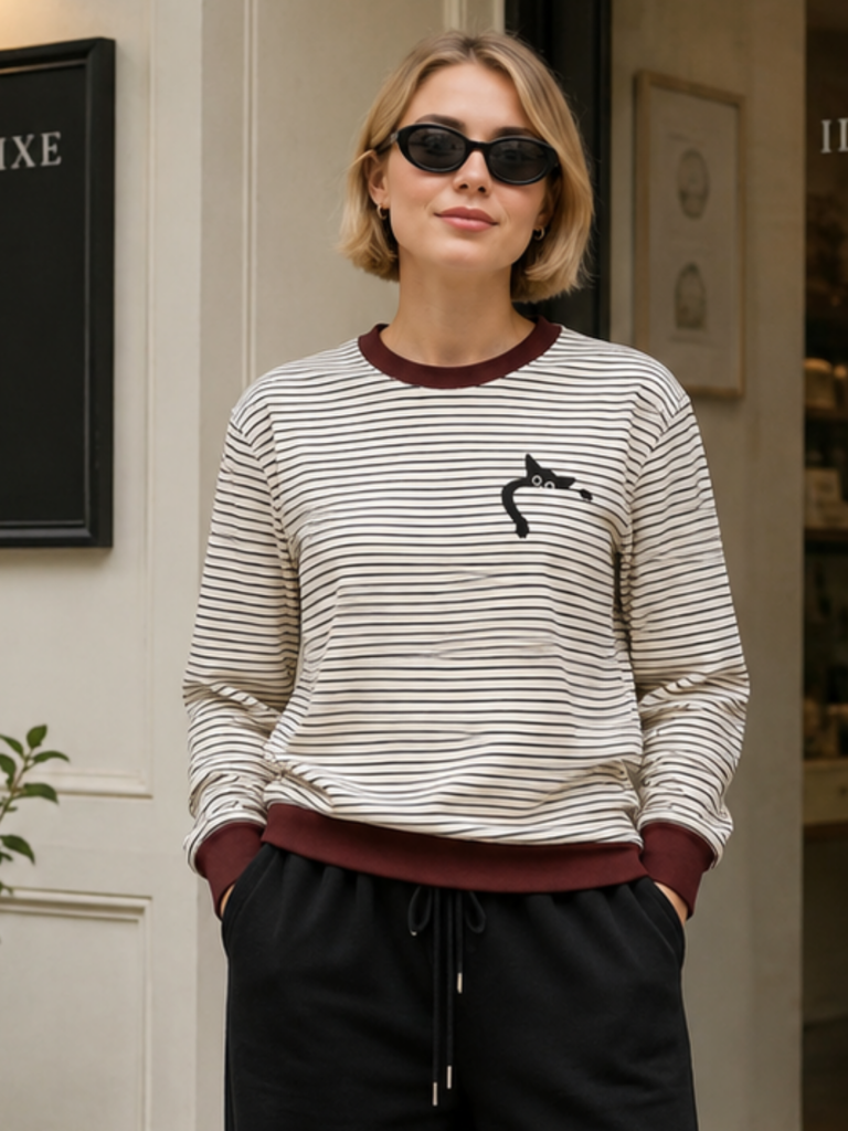 Minimalist Cat Striped Sweatshirt