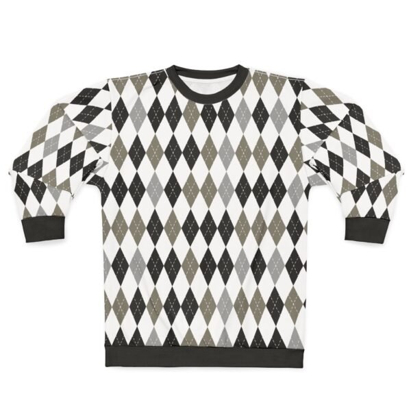 Retro Diamond Pattern Sweatshirt | Black Gray Argyle Polyester Crewneck | Women's Vintage Everyday Pullover Classic Black Gray Argyle Sweatshirt
