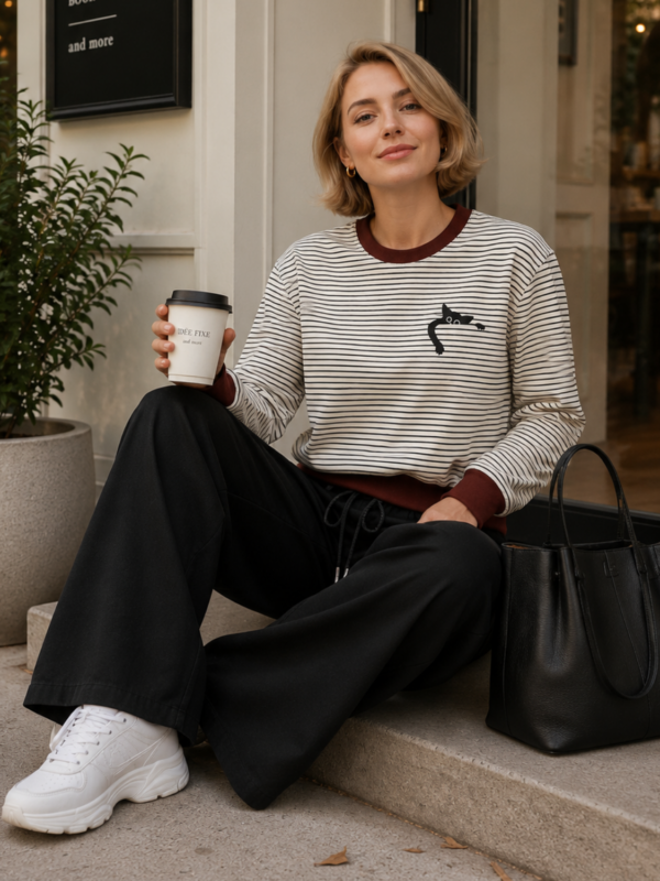 Minimalist Cat Striped Sweatshirt