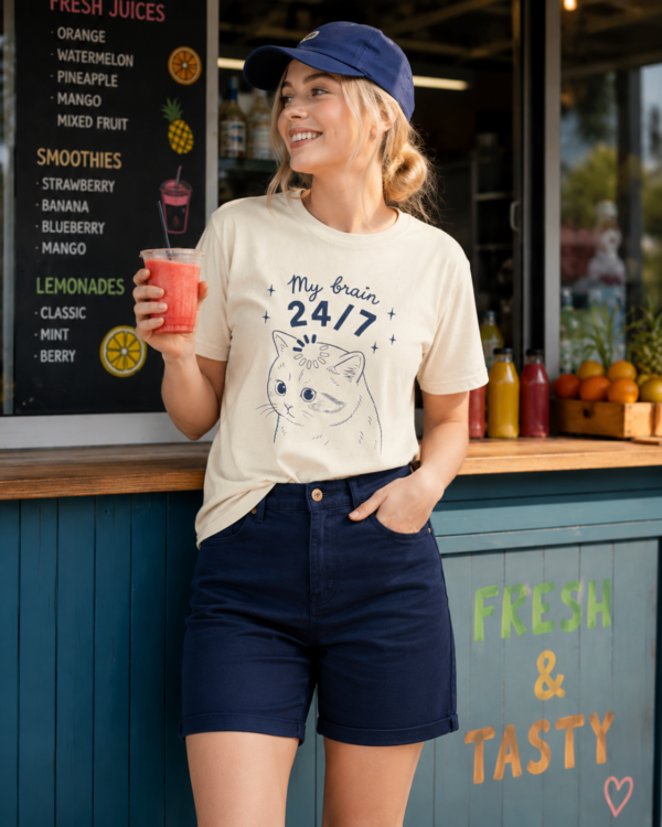 Cute Cat Graphic Tee My Brain 247 Funny Introvert Cat Shirt Natural Gildan 5000 T-Shirt My Brain 24/7 Cat T-Shirt