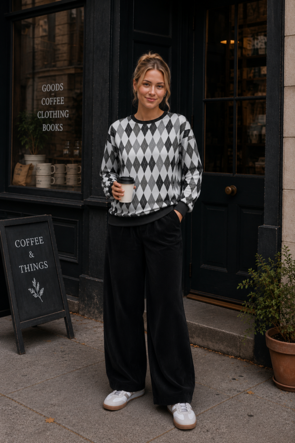 Retro Diamond Pattern Sweatshirt Black Gray Argyle Crewneck Women's Vintage Pullover Classic Black Gray Argyle Sweatshirt