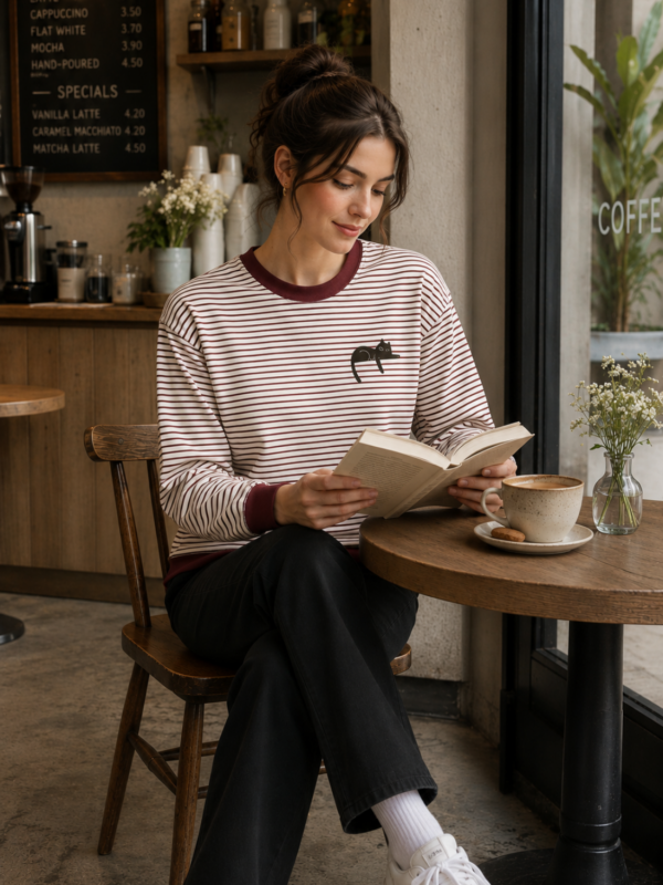 Women's Maroon Striped Cat Sweatshirt – Soft Polyester Casual Long Sleeve Crewneck Aesthetic Cat Sweatshirt